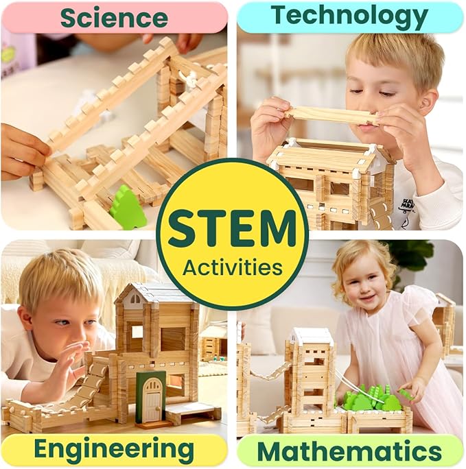 Jovi-mindly＆Notchies 107 Pcs Wooden Blocks Toys with Door and Windows,Classic Old Fashioned Toys,Wooden Building Blocks for Kids Ages 4-8 Boys and Girls,FSC Certified,Halloween Gifts