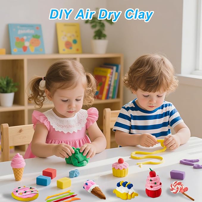 Air Dry Clay for Kids | 12 Pack DIY Modeling Clay Kit with 4 Colors Per Set & 12 Pastry Sculpting Guides | Non-Toxic, Easy to Use Arts and Crafts Gift for Boys & Girls Ages 3+