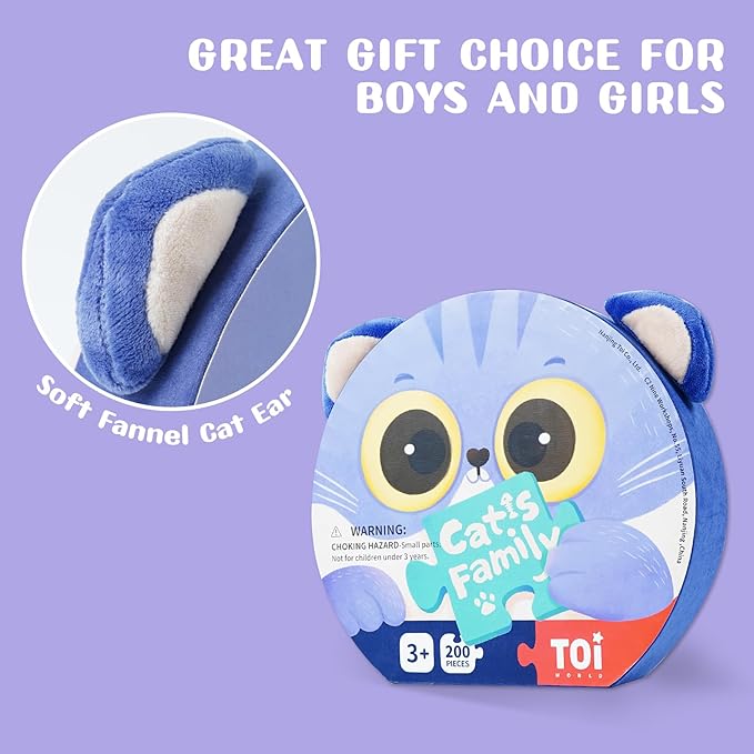 TOI Cats Puzzle for Kids Ages 3-5, 200 Pieces Jigsaw Puzzles for Toddlers with Cat-Shaped Portable Box, Preschool Learning Cat Game for Boys & Girls Gift