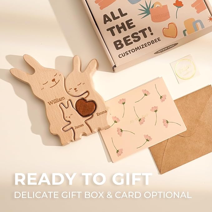 Bunny Family Puzzle, Personalized Wooden Puzzles with 2–5 Names, Easter Gifts for Kids, Rabbit Toys Easter Anniversary Wedding Gifts for Women Men Family Couple