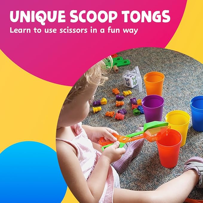 Skoolzy Rainbow Stacking Bears with Matching Sorting Cups 69 Piece Set, 60 Bear counters, Scissor Tongs, Rainbow Cups, Storage Bag, Sorting dice Game