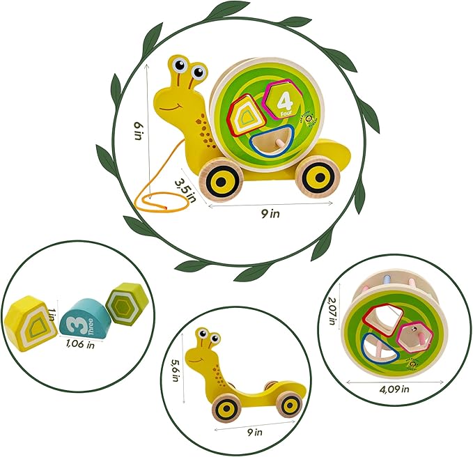 Snaily's Journey – Step by Tiny Step | Wooden 2-in-1 Pull Toy & Removable Shape Sorter Drum | Educational Animal Pull-Along for Toddlers | Fine Motor Skills Development | Gift for Boys & Girls