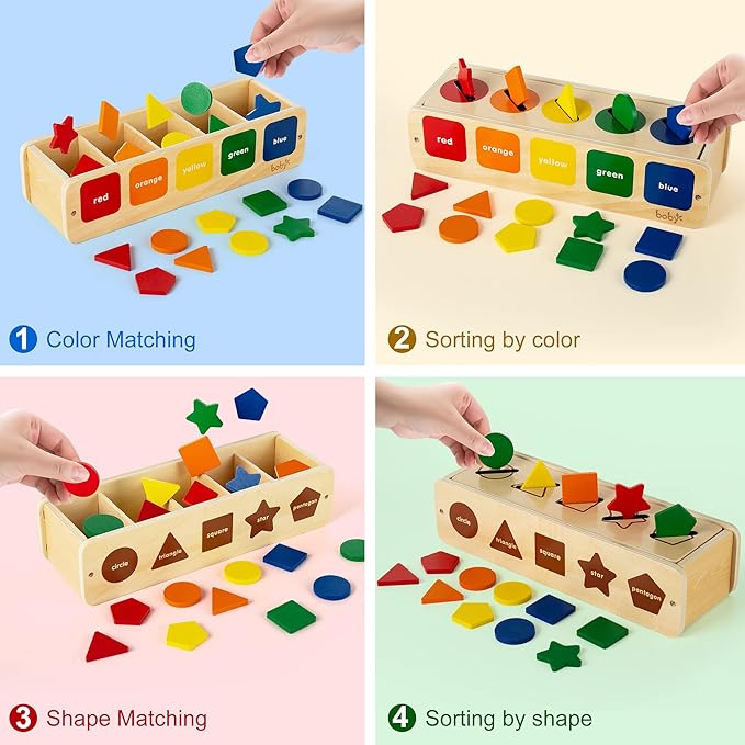 Wooden Montessori Toy for 1 2 Year Old, Shape & Color Sorting Matching Toy with Box for Toddlers 1-3, for 1 2 3 Year Old Boy Girl Gifts