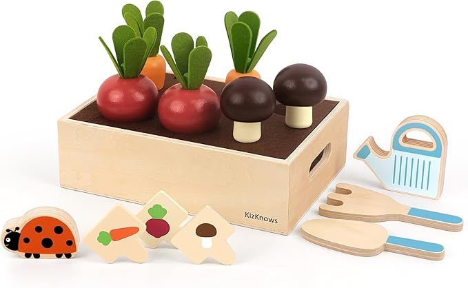 Wooden Montessori Gardening Playset for Kids – 16 Piece Plant & Harvest Toy Kit, Kids Pretend Play Food with Carrots, Beets, Mushrooms, Kitchen Accessories Toy Gift for Boys Girls 3+