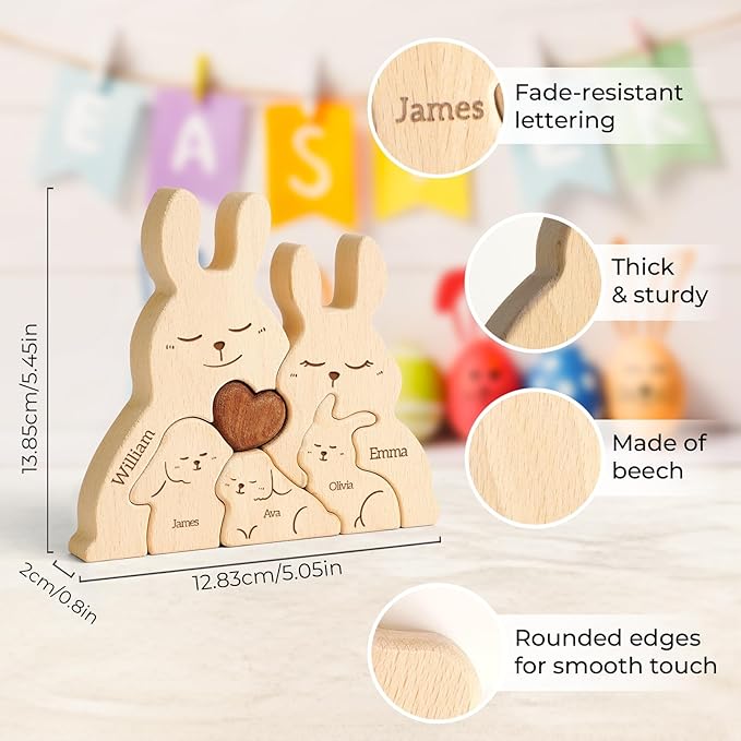 Baby Bunny Family Puzzle, Personalized Wooden Puzzles with 2–5 Names, Rabbit Toys Easter Anniversary Wedding Gifts for Women Men, Easter Decorations Housewarming Gifts for Family Couple