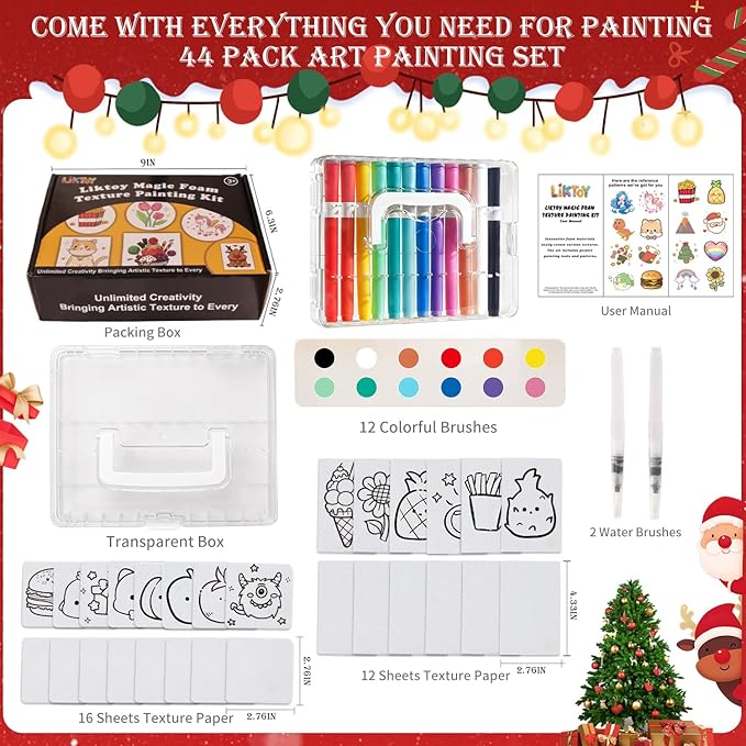 Liktoy 44Pcs Magic Foam Texture Painting Kit, 28Pcs Foam Texture Paper, 12 Colorful Brush, 2 Water Brushes, 3D Effect Texture Painting Set, Ideal for Halloween, Christmas, Birthday Gifts