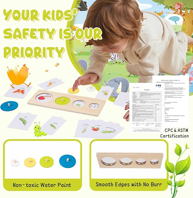 Montessori Wooden Circle Puzzle with Knob,Montessori Toys for 12-18 Months-Mirror Peekaboo Peg Board with 32 Cards for 8 Life Cycles,First Baby Puzzle for Toddlers 1-3,Wooden Preschool Learning Toys