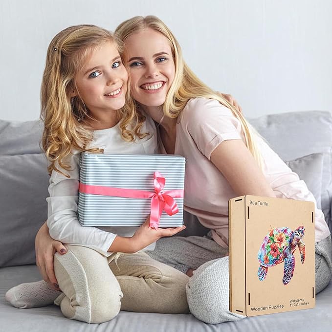 Wooden Jigsaw Puzzle, 500 Pcs Unique 3D Shape Jigsaw Puzzles, Wood Puzzle Gift Box Packing, Medium Size Letter, Creative Gift for Adults and Kids, Fun Challenging (EA2Turtle, 500PCS)