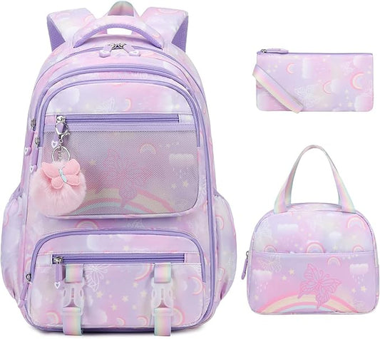 Backpack for Girls, Rainbow Butterfly Girls Backpacks with Lunch Bag Pencil Case Set, Kids Backpack Kindergarten Elementary Middle School Book Bag for Teen Girl Children Students