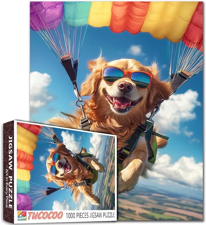 Golden Retriever Skydiving Art Jigsaw Puzzles for Adults 1000 Pieces, Animal Sky Diving Colorful Parachutes Colorful DIY Puzzles for Home Decoration Gifts, Family Challenging Perfect for Game Nights