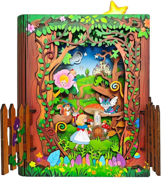 3D Wooden Puzzles for Kids - Alice in Wonderland Book Nook Kit with LED Night Light