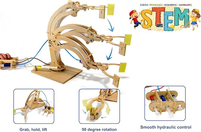 PATHFINDERS STEM Kit – Hydraulic Robotic Arm | Wooden Building Kit for Kids Ages 8-12 | Mechanical Engineering Toy | Hands-On STEM Project for Boys & Girls