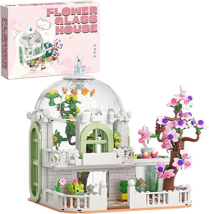 Botanical Garden Building Set, Flower Glass House Building Block Set with Luminous - 732 PCS Greenhouse Buiding Toy with Flowers Potted Plants Bunny Animals Model Xmas Gift for Adults Teens