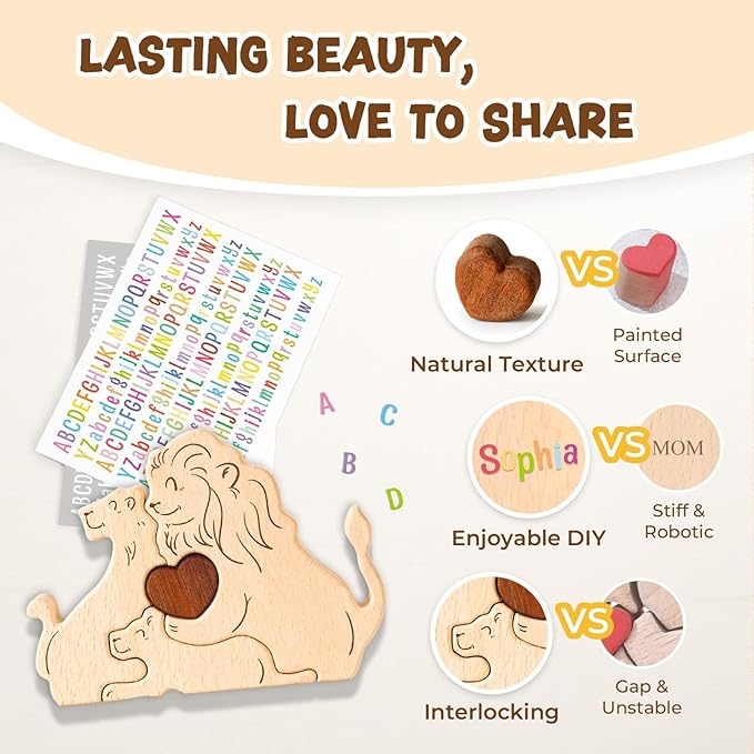 Wooden Lion Family Puzzle Games, Personalized 4 Name Puzzle for Home Crafts Decor, House Warming Birthday Party Gifts for Mom Dad Grandma Kids New Baby, Wooden Bear Family