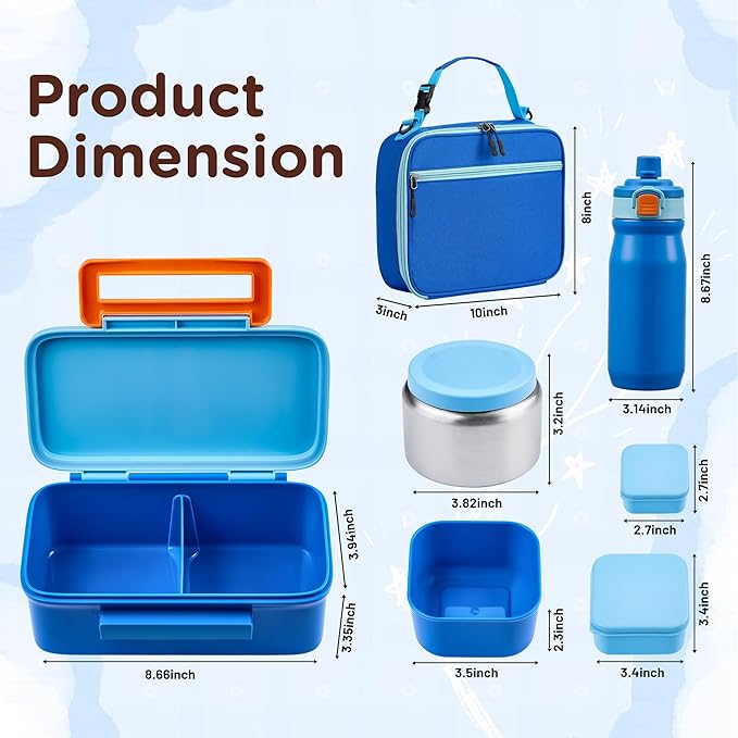 Bento Lunch Box for Kids With 8oz Thermo, Leakproof Bento Box with with 2 Compartments, Insulated Bottle, Lunch Bag, BPA Free Dishwasher Safe for School Girls Boys (Blue)