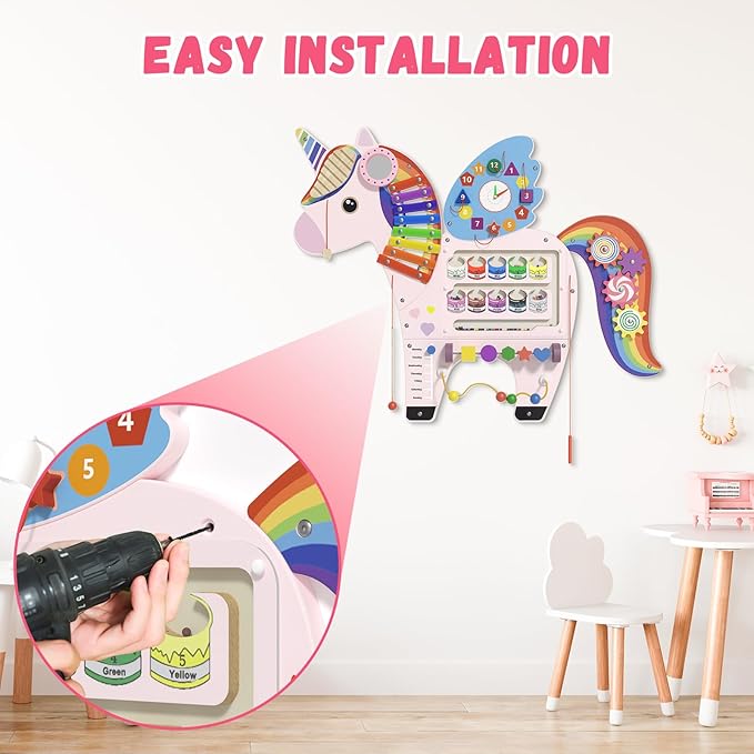 Unicorn Activity Wall Busy Board Panels - Sensory Wall Panel for Kids, Montessori Toddler Wall Activity Board, Wall Toys for Toddlers 3, Activity Cube, Perfect for Toddler Playroom, Pink