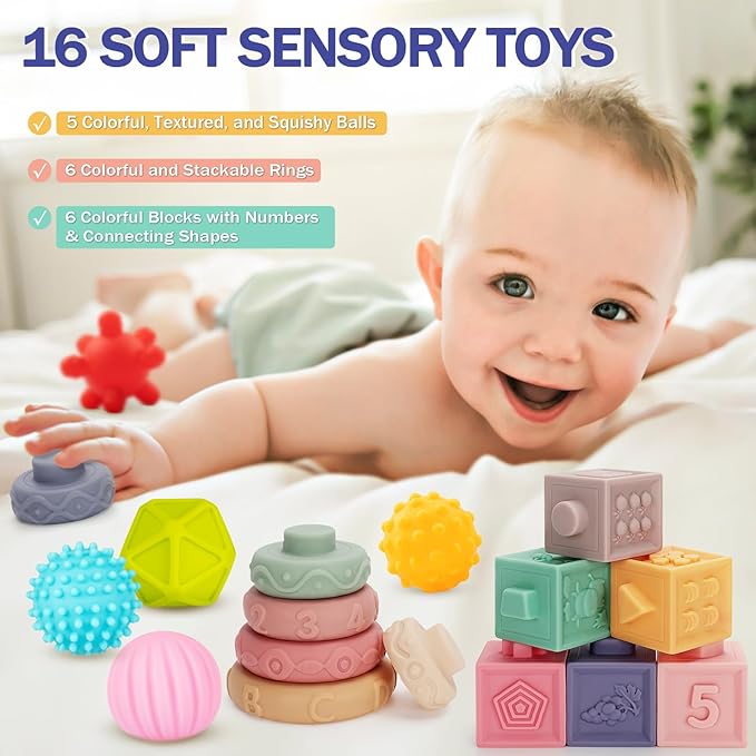 Baby Toys 6 to 12 Months, 5 In 1 Montessori Toys for 1 Year Old, Incl Travel Pull String Toy & Rattle Teether & Stacking Baby Block & Soft Infant Ring & Sensory Ball for Toddler 0-3-6-9-12 Month