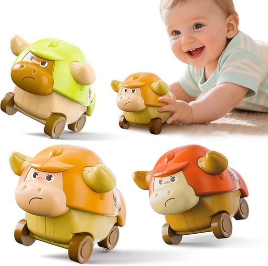 iPlay, iLearn Press to Go Car Toys for Toddlers, Baby Mini Animal Race Cars, 3pcs Infant Play Vehicle Set, Push Go Friction Bull Toys for 18 24 Month, Frist Birthday Gift for 2 3 Year Old Boys Girls