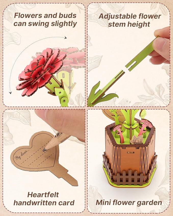 KAAYEE 3D Puzzles for Adults Flower-Carnation, Wooden Flowers Model Kit Set DIY Crafts to Build, Mother's Day/Botanical Collection/Ideal Creative Gift Ideas/Housewarming