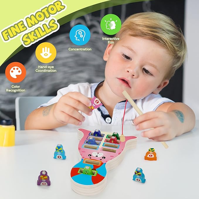 Wooden Magnetic Fishing Game, Seal Magnetic Fishing Toy for Kids 3-5, Montessori Preschool Education Learning Color Sorting Fine Motor Skill for Toddlers