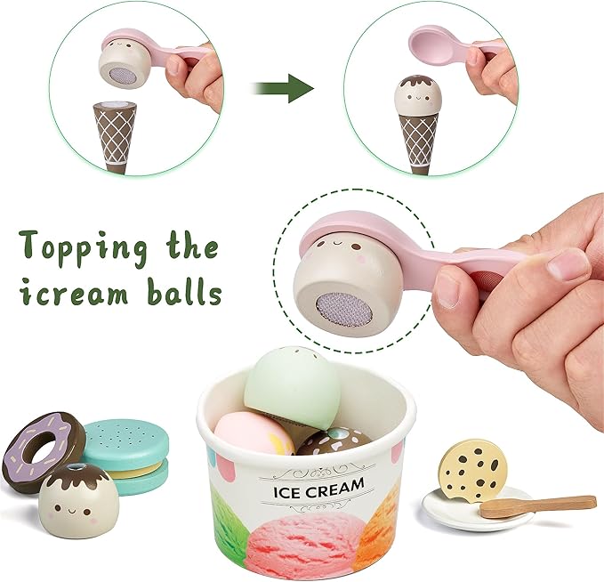 Wooden Ice Cream Toy, 3-in-1 Ice Cream Counter with Coffee Maker 28 PCS Toddler Pretend Play Kitchen Accessories Wooden Toys for 3 4 5 6 Year Old Girl or Boy (Ice Cream)