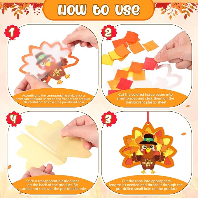 Funrous 32 Set Thanksgiving Turkey Suncatcher Craft Kit Autumn DIY Hanging Ornaments Window Stained Glass Effect Art Colorful Tissue Paper Crafts Fall Thanksgiving Home Classroom Decorations Supplies