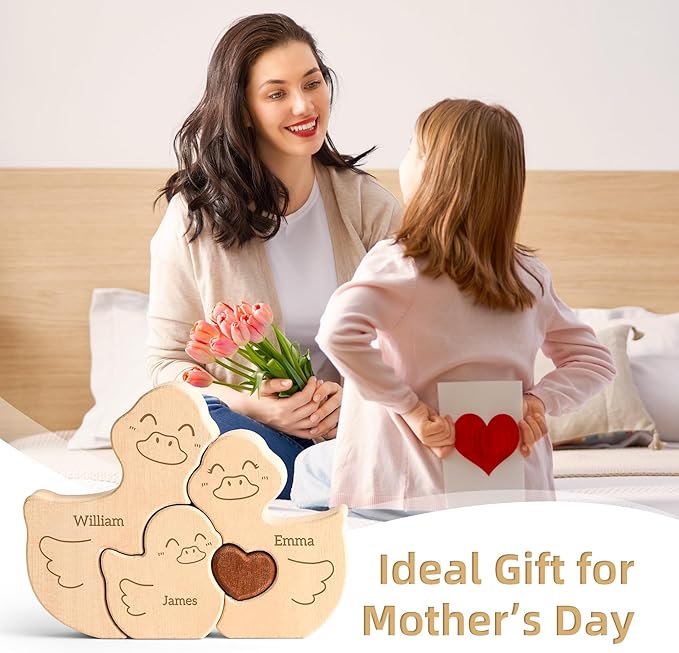 Personalized Wooden Family Puzzle Ducks Toy, Customizable Puzzles with 2-5 Names, Birthday Fathers Day Mothers Day Personalized Gifts for Kids Parents, Unique Home Decor