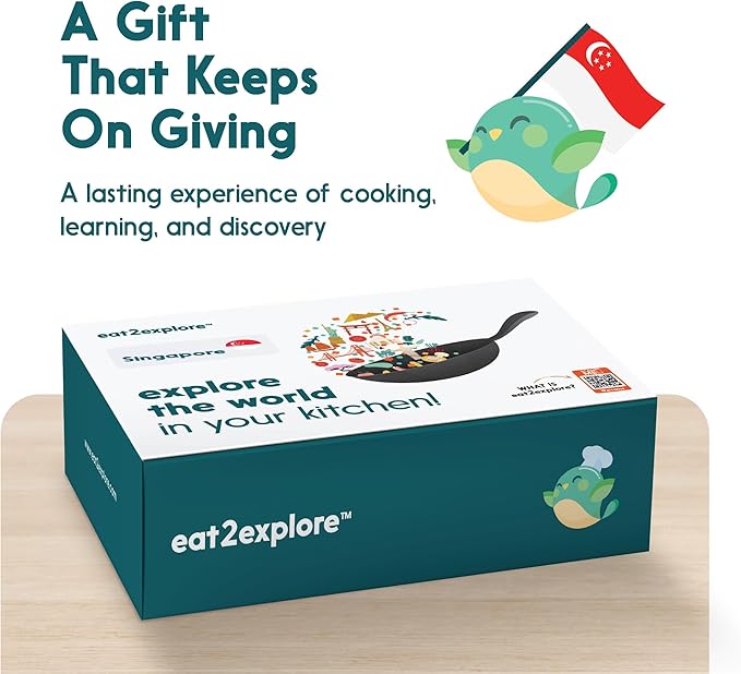 eat2explore Cooking Kits for Kids - Interactive & Educational Set with 3 Recipe Cards, Key Ingredients & Cooking Tools - Ideal Idea for Kids who Love to Create Meals (Singapore Edition)