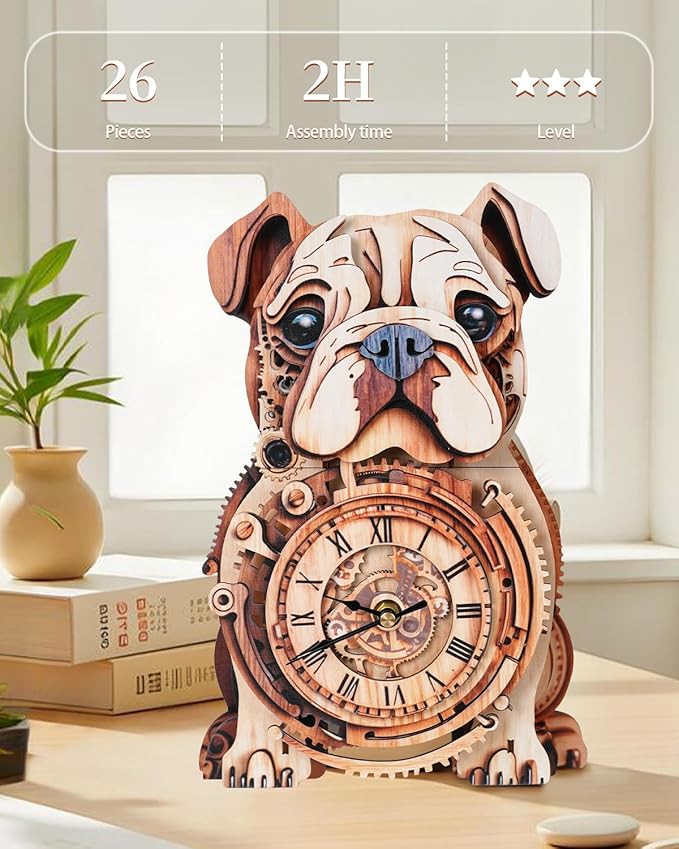 3D Wooden Puzzles for Adults, 3D Puzzles Bulldog Clock(with Pendulum) 32Pcs, Beginners Wooden Puzzle for Adults Teens Home Wall Decor Gift for Women Men