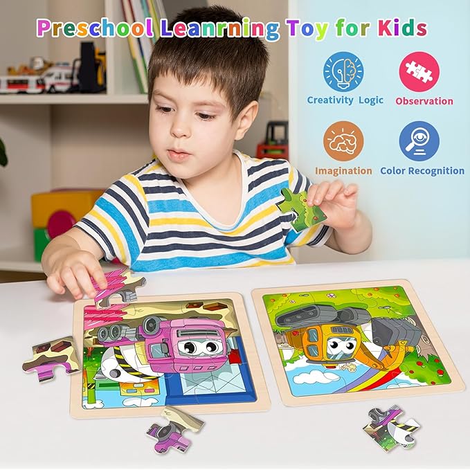 Wooden Puzzles for Toddlers 3-5,9 Pieces Jigsaw Puzzles for Kids Ages 3-5,Construction Vehicle Jigsaw Puzzle Preschool Learning Toy Gift for Boys Girls 3 4 5 Years Old
