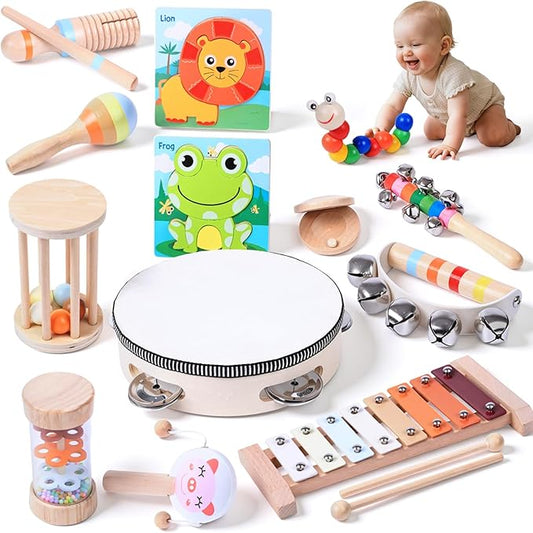 Baby Musical Instruments Set, Montessori Natural Wooden Percussion Instruments for Kids Preschool Educational Musical Toys Set with Wooden Puzzles for Toddlers 4-6, CPC Certified Music Toys