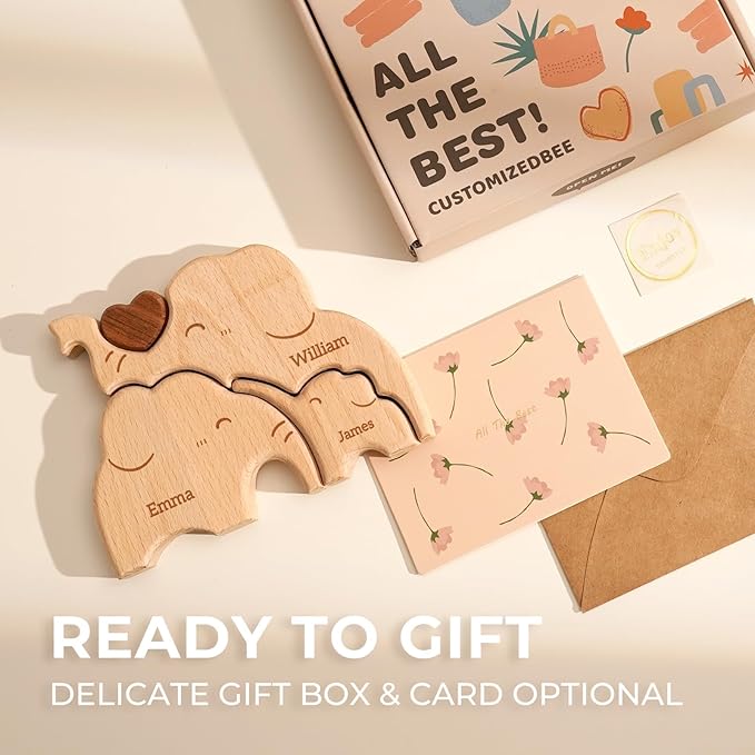 Wooden Elephant Family Puzzle, Personalized Puzzles with 2–5 Names, Father's Day Mother‘s Day Personalized Gifts for Mom Dad Kids Teen Boys Girls Grandma, Toddler Men Birthday