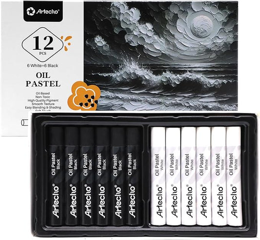 Artecho Oil Pastels Set of 12 PCS, 6 White and 6 Black, Crayons for Art Painting, Drawing, Blending (10 x 70 mm)