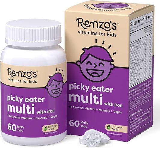 Renzo's Picky Eater Kids Multivitamin with Iron, Dissolving Kids Vitamins with Vitamin D3 and K2 and More, 60 Sugar-Free Melty Tabs, Lil’ Green Apple Flavored