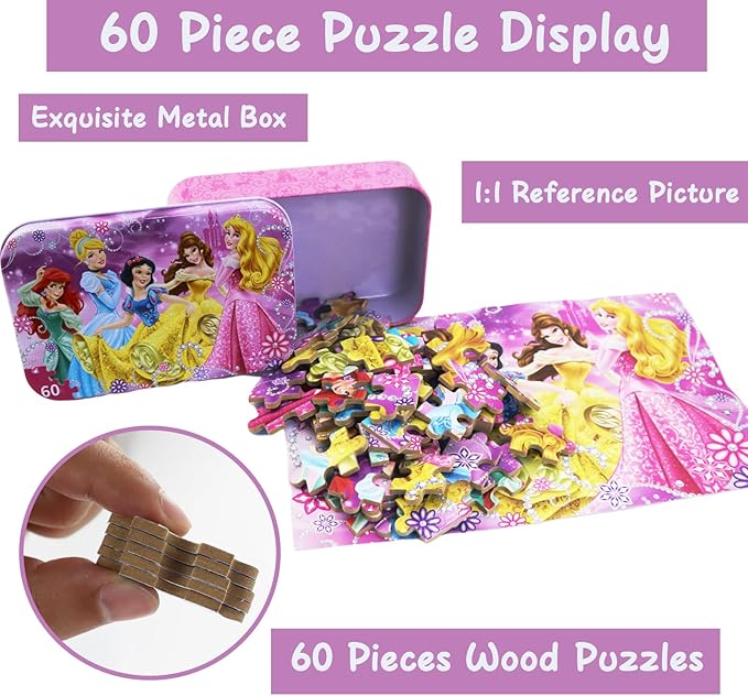 Princess Puzzles for Kids Ages 4-8 60 Pieces Jigsaw Puzzle for Girls and Boys Toys in Metal Box Educational Puzzle (Princess 0685)