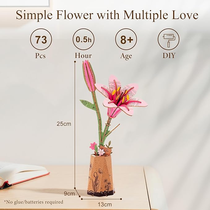 Rowood Wooden Flower Kit,DIY Artifical Flower Building Set Craft Kit for Adults,Mother's Day/Valentine's Day for Mom/Women/Grandma-Pink Lily