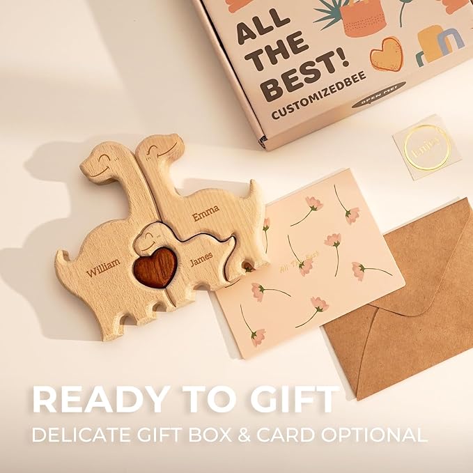 Wooden Dinosaur Family Puzzle, Personalized Puzzles with 2-5 Names, Fathers Day Birthday Wedding Gifts for Mom Dad Women Men, Home Decor Housewarming Gifts for Parents Couple