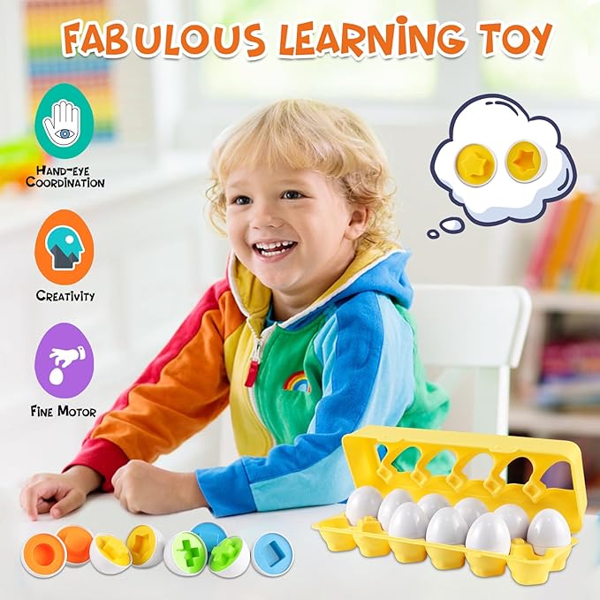 LOOIKOOS Easter Egg Toy for Toddlers 12 pcs Set Color & Shape Recoginition Sorter Puzzle for Easter Travel Bingo Game Early Learning Educational Toys Kids