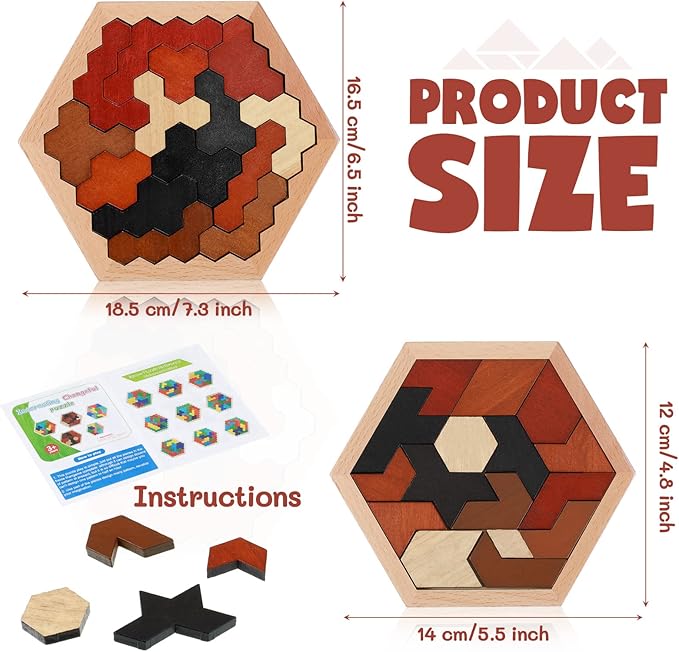 Yunsailing 3 Pack Hexagon Wooden Puzzle Wood Russian Blocks Tangram Puzzle Brain Teaser Puzzles Geometric Jigsaw Block Russian Blocks Logic IQ STEM Toy for All Ages Kid Adult(Vintage)