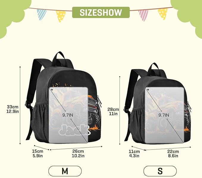 Monster Truck Orange Toddler Backpack for Boys Girls 3-6 Small Preschool Backpacks for Kids Elementary Mini Bookbag for Preschool for School