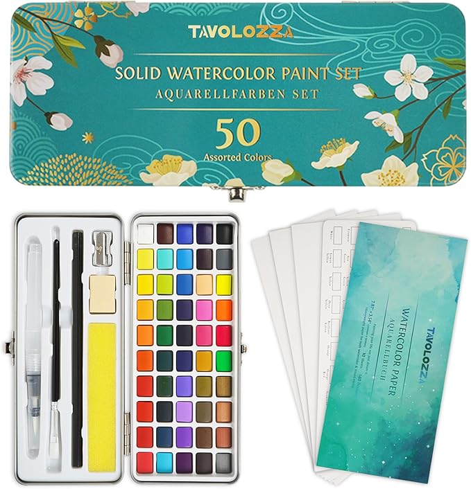 TAVOLOZZA Watercolor Paint Set, 50 Vivid Colors Including Metallic and Fluorescent Colors in Gift Box,Perfect Watercolor Set for Artists, Painting Lovers