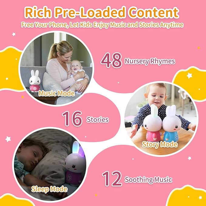 alilo Honey Bunny Kids Music Story Audio Player for Toddlers 1-5, Baby Boy Girl Easter Gifts, Pre-Loaded 16 Stories/48 Nursery Rhymes/12 Soothing Music, with Nightlight, Voice Recording
