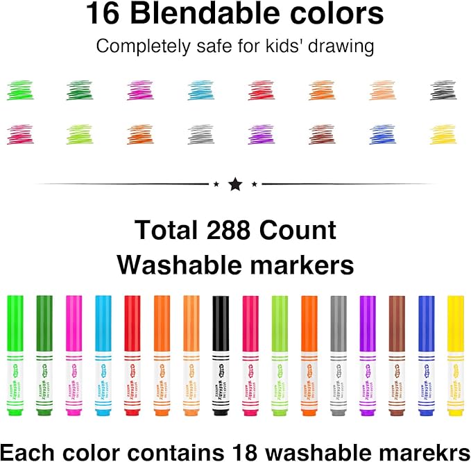 Washable Markers Bulk, Bulk Pack of 288 in 16 Vibrant Colors, Broad Line Markers with Conical Tips- Perfect for Kids' Classrooms & Teachers