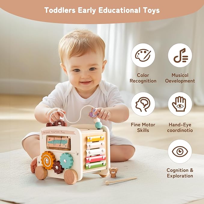 Wooden Activity Cube 8-in-1 Montessori Toys | Multifunctional Early Educational Learning Toys | Wooden Toy for Baby Shape Sorter Xylophone Animal Travel Bus Boy Girl Birthday Gift（Beige Bus）