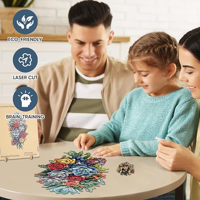 Succulent Waterfall Jigsaw Puzzles, 200Pieces Wooden Puzzles for Adult, Unique Design Liberty Wooden Puzzles for Adults and Kids, Family Game Gifts, 8.3 * 14.6in