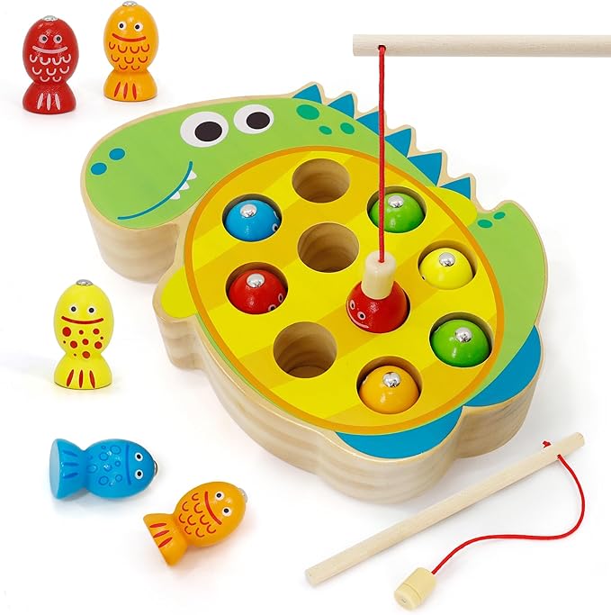 Wooden Magnetic Fishing Game, Dinosaur Magnetic Fishing Toy for Kids 3-5, Montessori Preschool Education Learning Color Sorting Fine Motor Skill for Toddlers