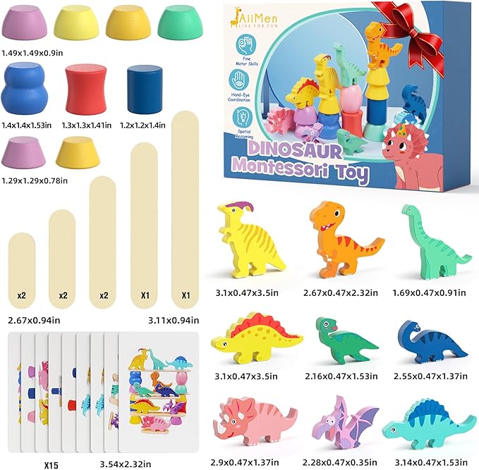 Montessori Dinosaur Toys for 1 2 3 4 Year Old Toddlers, Preschool Education Toys for Ages 2-4 Boys Girls Kids, Wooden Dinosaur Blocks Sorting & Stacking & Balance Toy, Educational Birthday Gift