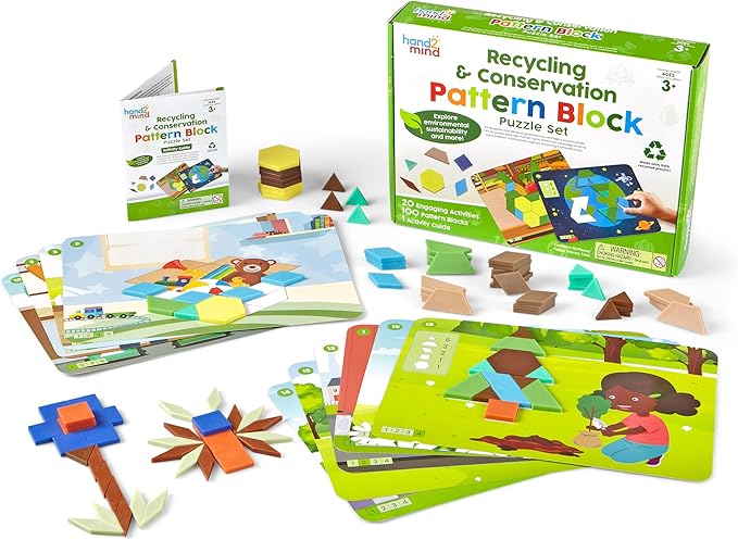 hand2mind Recycling and Conservation Pattern Block Puzzle Set, Tangram Puzzle, Geometric Shapes for Kids, Pattern Blocks Cards, Pattern Play, Toddler Battern Blocks, Kindergarten Learning Activities