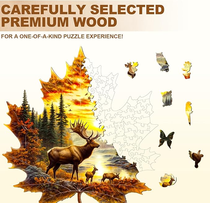 WOODBESTS Wooden Puzzles for Adults-Elk & Maple Leaves, 190 Pieces Wood Puzzle (M-11.4 * 11.1in), Premium Art Shape Wooden Animal Jigsaw Puzzles, for Men/Women & Family Game Night
