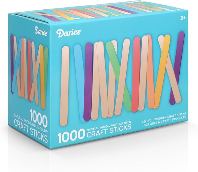 Darice Popsicle Sticks for Crafts, 4.5" 1000 Pcs Combo - 500 Pcs Colored Wooden Rainbow Craft Sticks - 500 Pcs Natural Color Waxing Sticks - Classroom Supplies, STEM DIY Art, Ages 3+